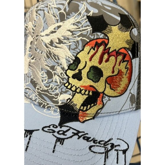 Ed Hardy Trucker Hat Embroidered Tattoo Eagle Skull Blue Mesh Snapback Cap New - Picture 5 of 15